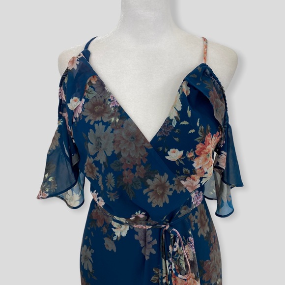 Yumi Kim Blue Floral Cold Shoulder Wrap Dress - Picture 3 of 10